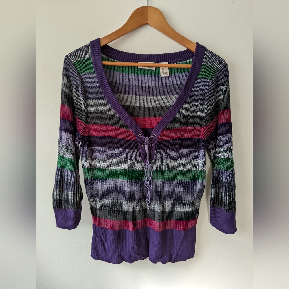 DKNY Jeans Striped Sweater Size (L) V Neck Pullover